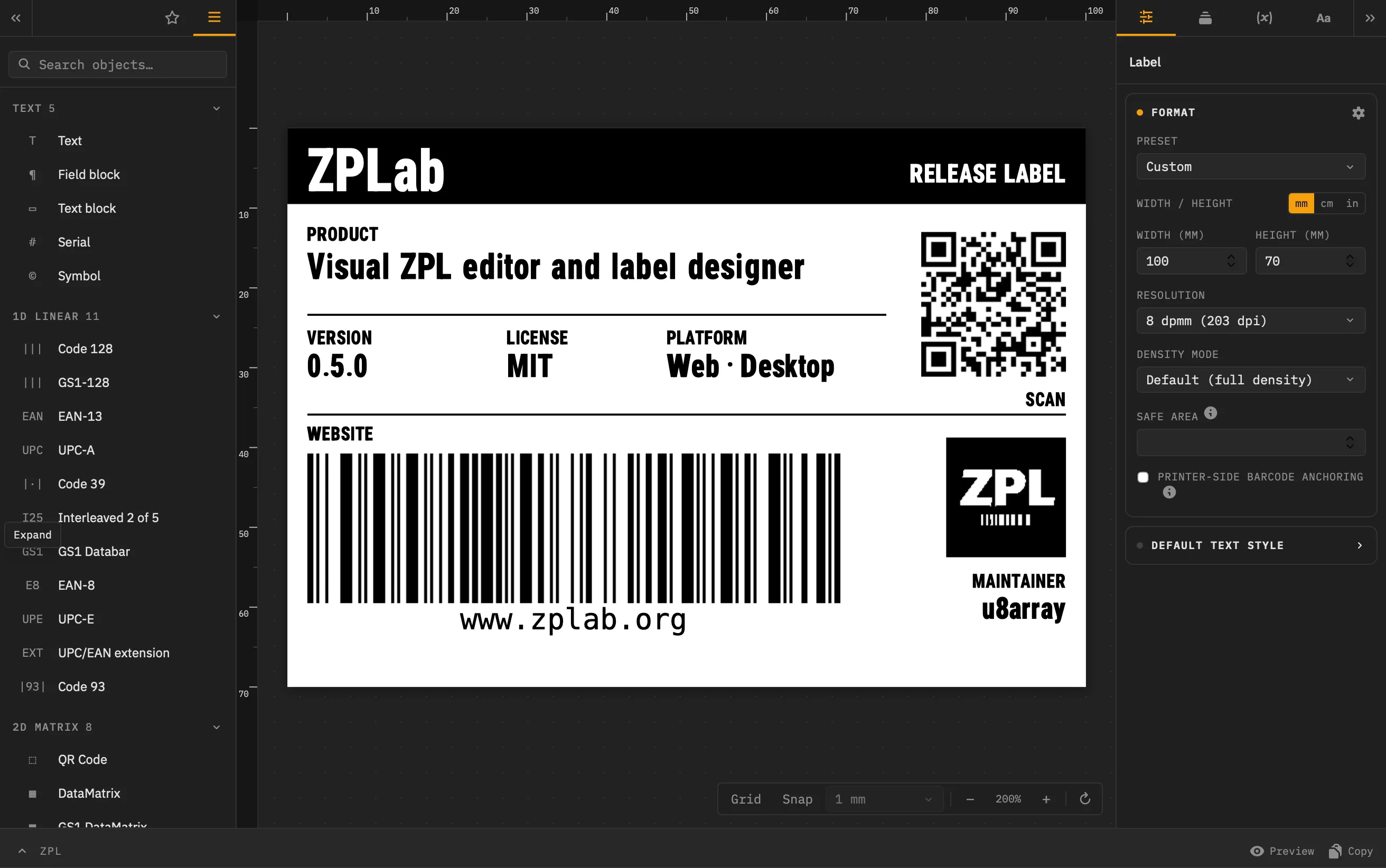 ZPLab: a release label on the canvas, the object catalog on the left and the label format panel on the right