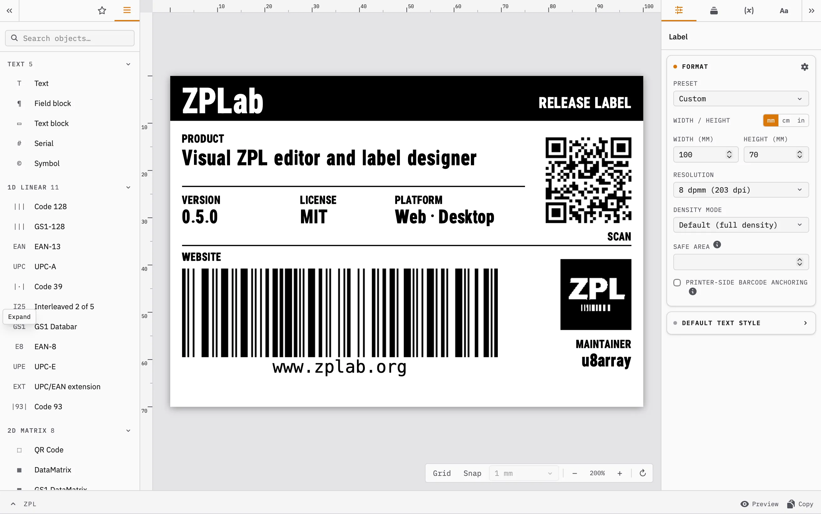 ZPLab: a release label on the canvas, the object catalog on the left and the label format panel on the right